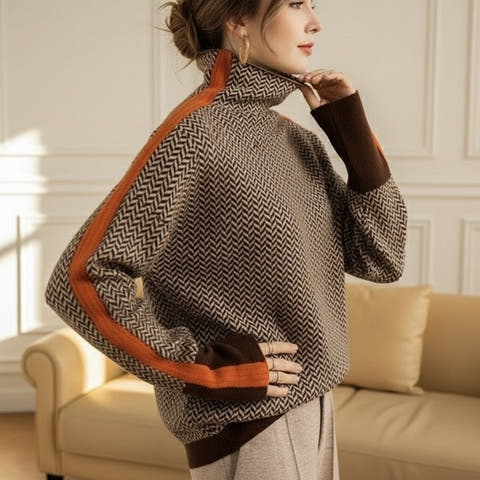 Sabrina Modern Herringbone Turtleneck Sweater