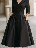 Grace Draped-Wrap Structured-Collar Midi Dress