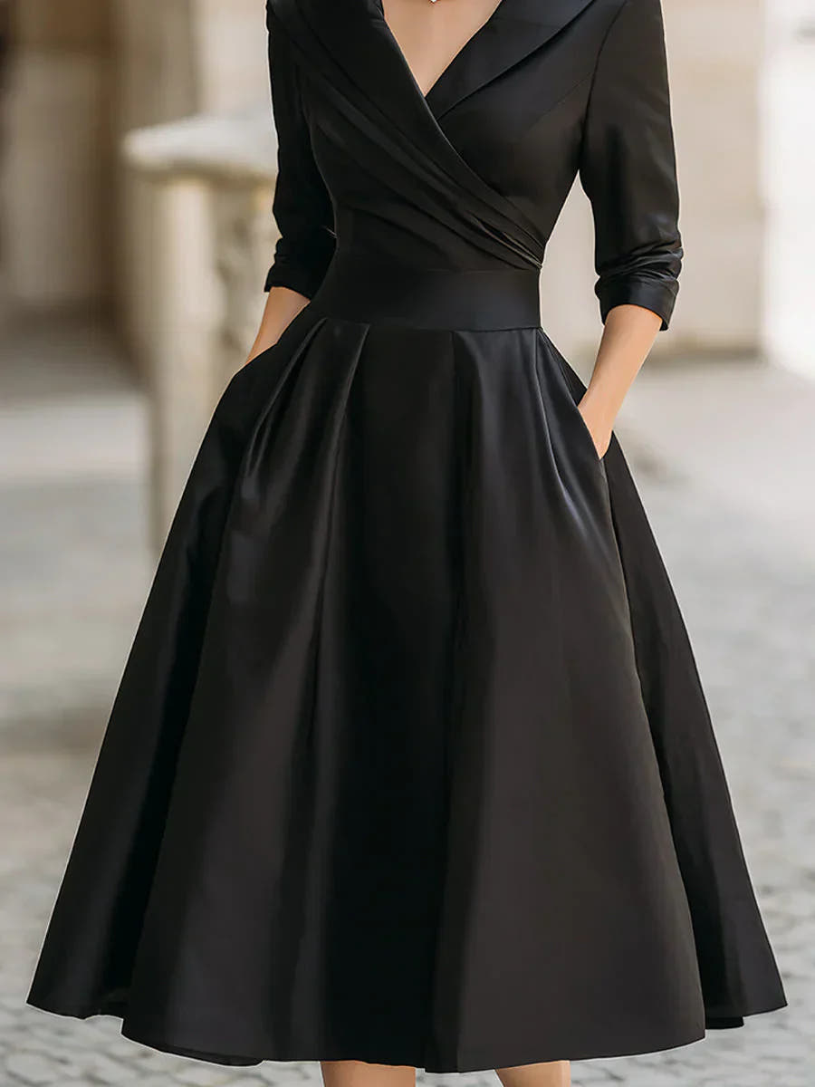 Grace Draped-Wrap Structured-Collar Midi Dress