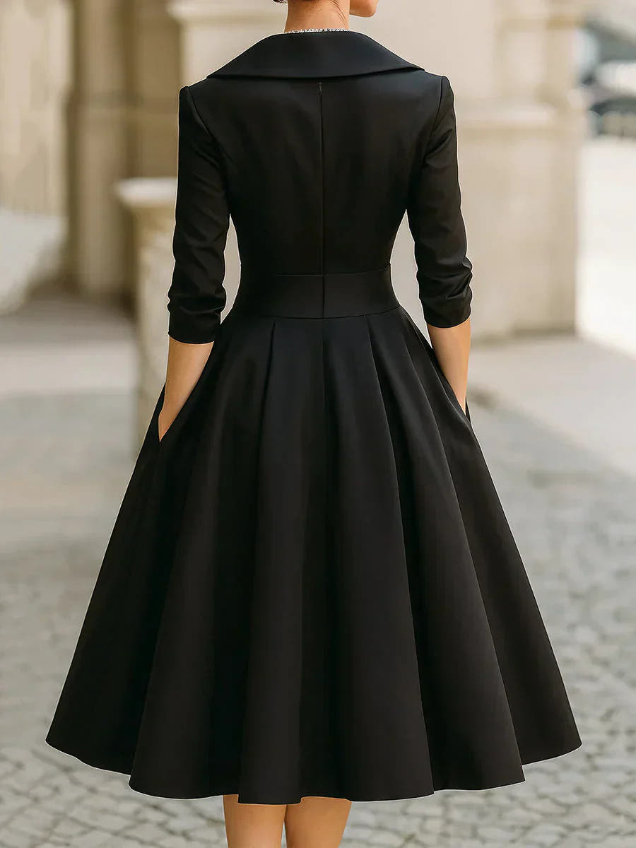 Grace Draped-Wrap Structured-Collar Midi Dress