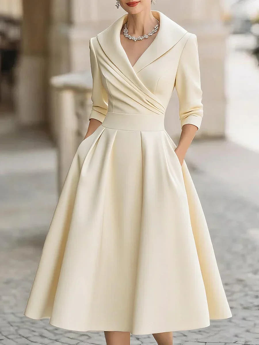 Grace Draped-Wrap Structured-Collar Midi Dress