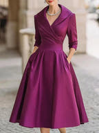 Grace Draped-Wrap Structured-Collar Midi Dress