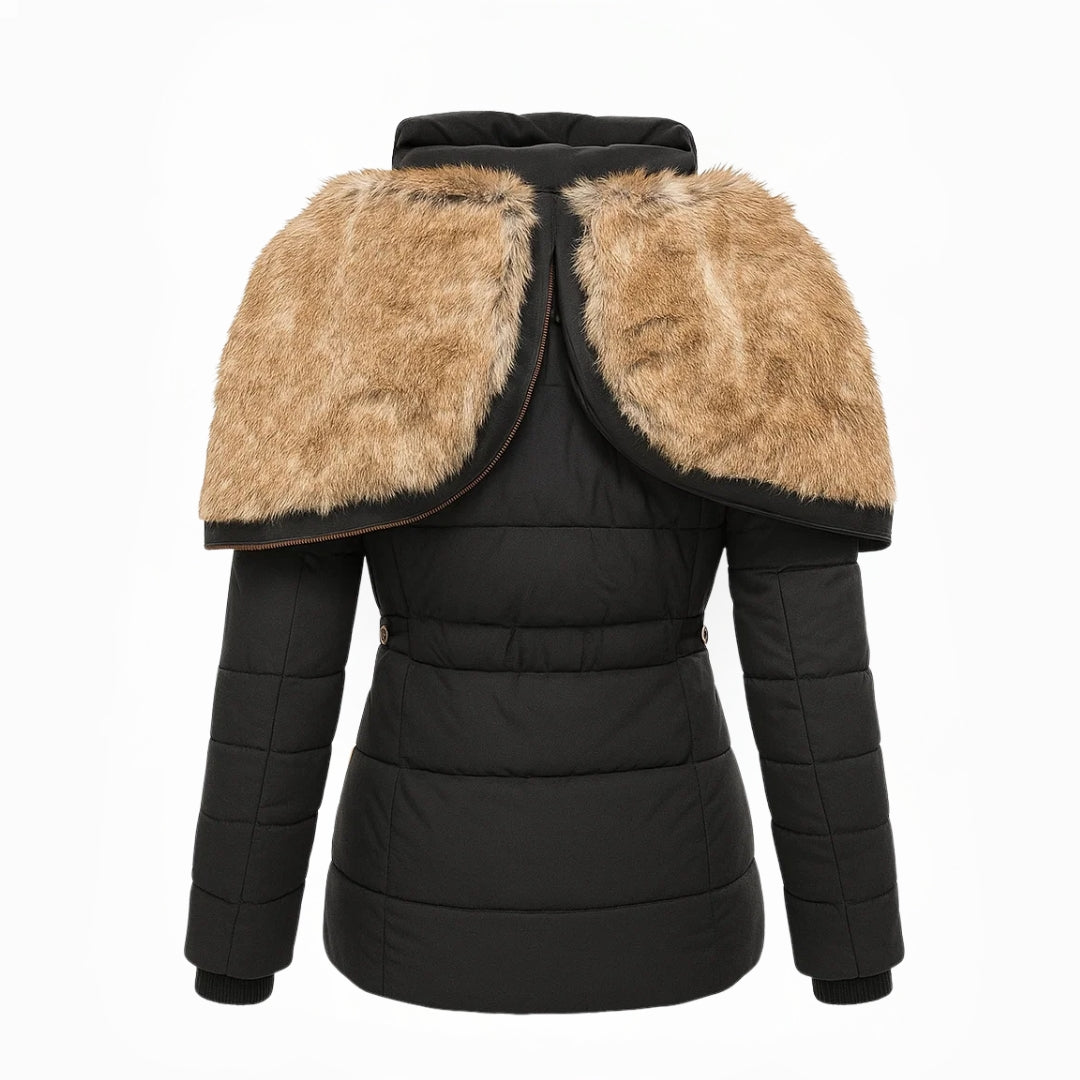 Black puffer jacket with brown faux fur shoulders on a white background