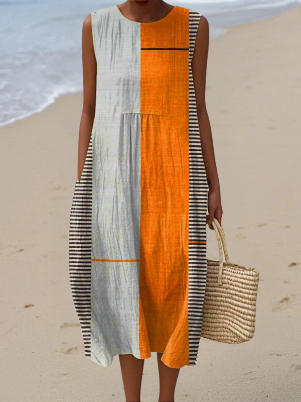 Laura Striped Warm Orange Print Midi Dress