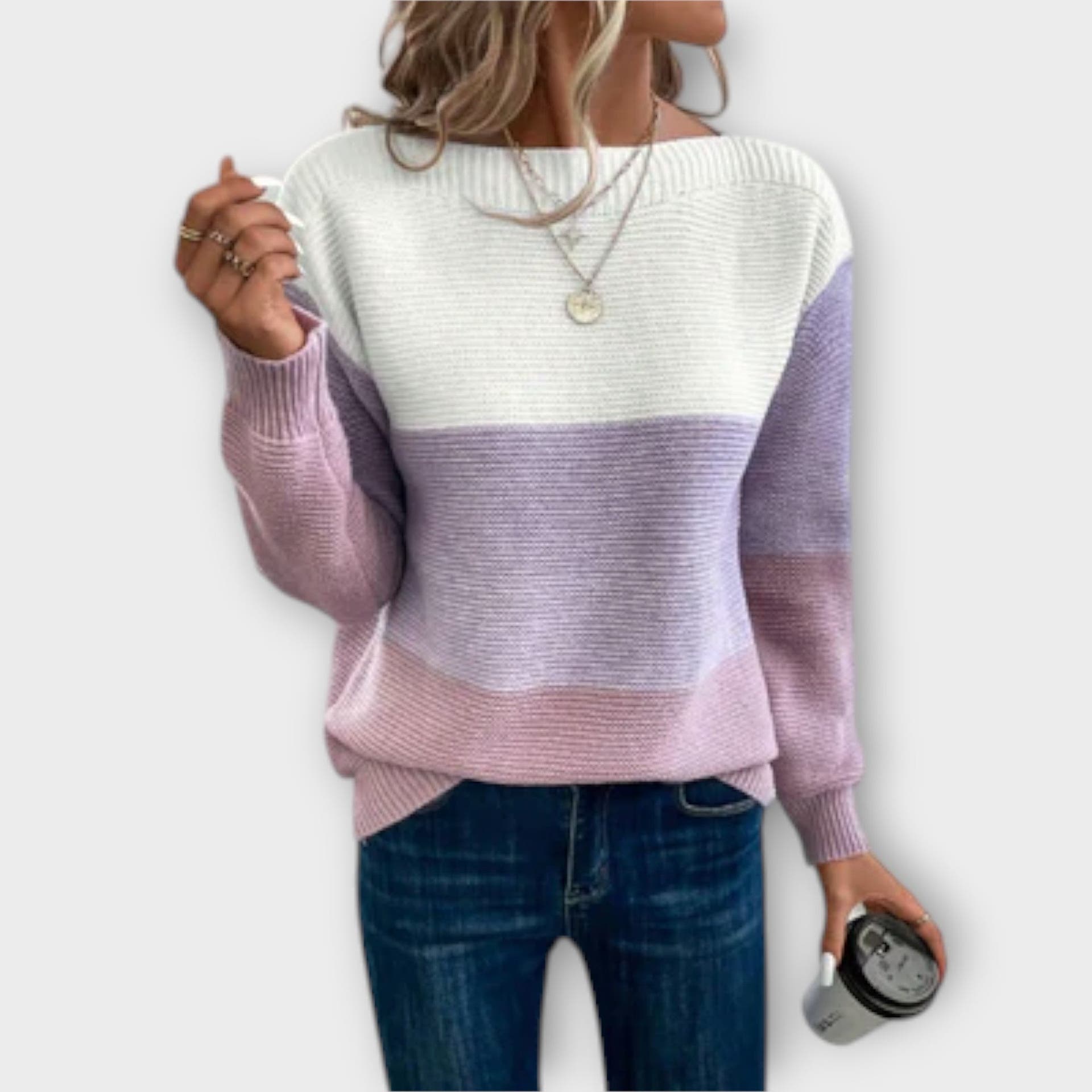 Avery sweater with three-color patchwork and cozy comfort