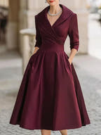 Grace Draped-Wrap Structured-Collar Midi Dress