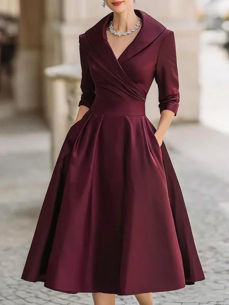 Grace Draped-Wrap Structured-Collar Midi Dress