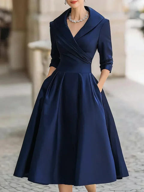 Grace Draped-Wrap Structured-Collar Midi Dress