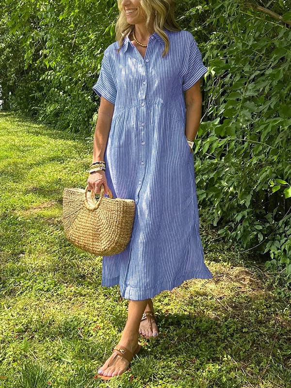 Women’s Coastal Striped Midi Dress with Button Front
