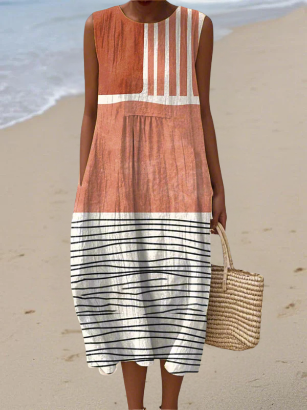 Margaret Terracotta Stripes Modern Midi Dress