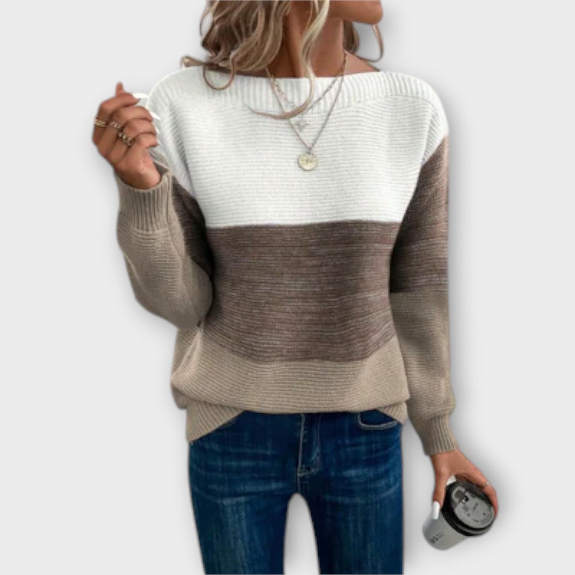 Avery sweater with three-color patchwork and cozy comfort