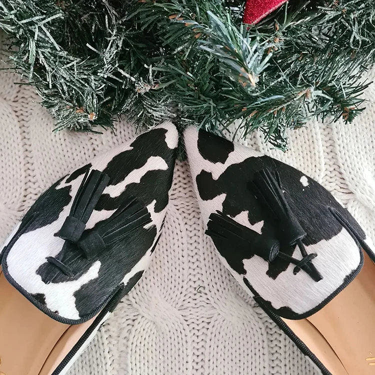 COW PRINT LOAFERS WITH TASSEL