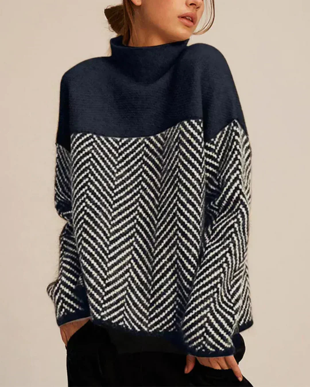 Emory Elegant Herringbone High-Neck Sweater