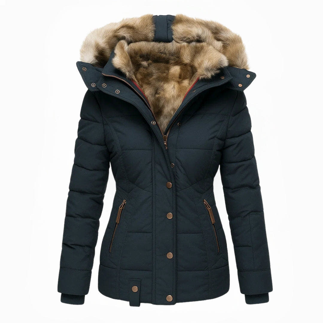 Dark blue winter jacket with fur-lined hood on a white background