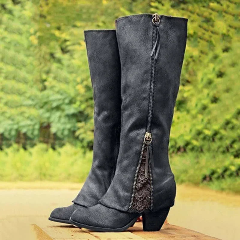 Lena Knee-High Boot with Lace Detail and Block Heel