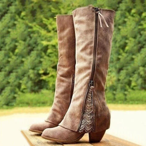 Lena Knee-High Boot with Lace Detail and Block Heel