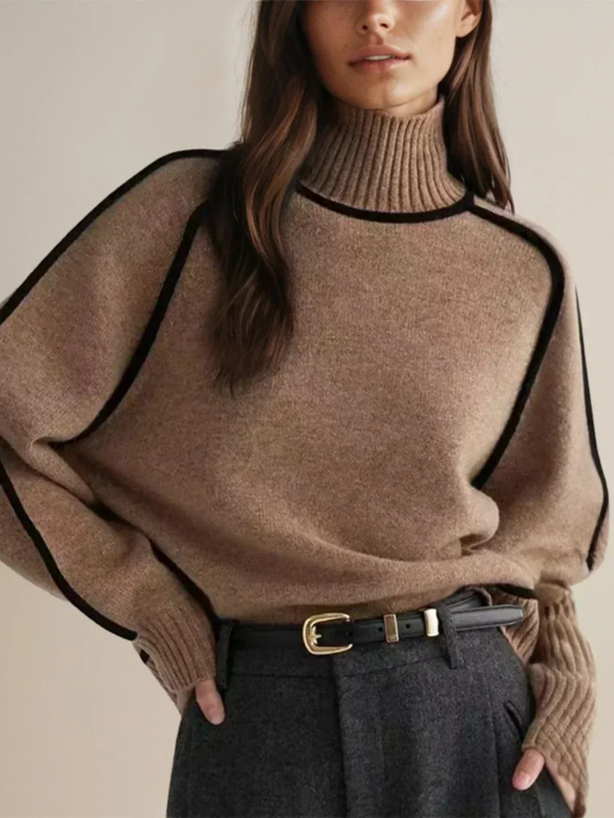Elodie Contrast-Trim Turtleneck Sweater