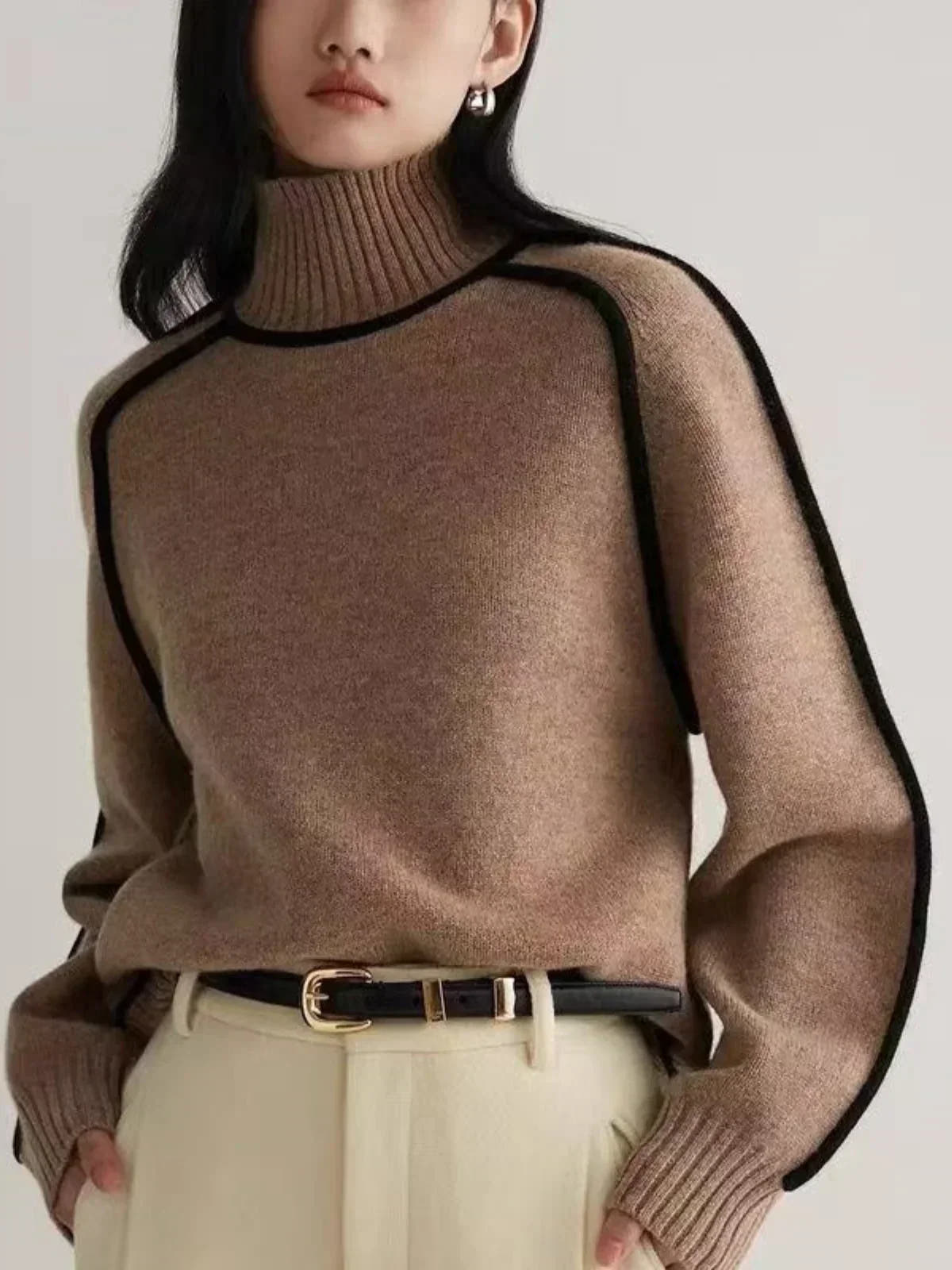 Elodie Contrast-Trim Turtleneck Sweater