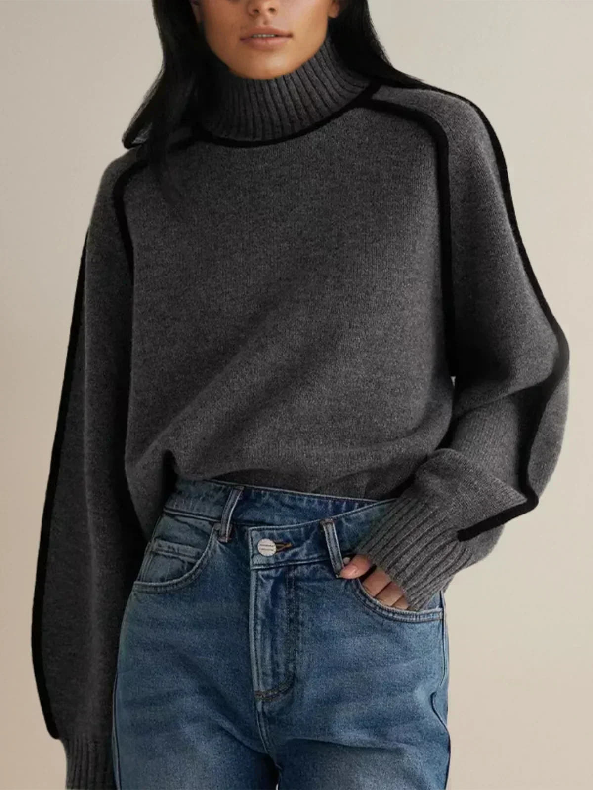 Elodie Contrast-Trim Turtleneck Sweater