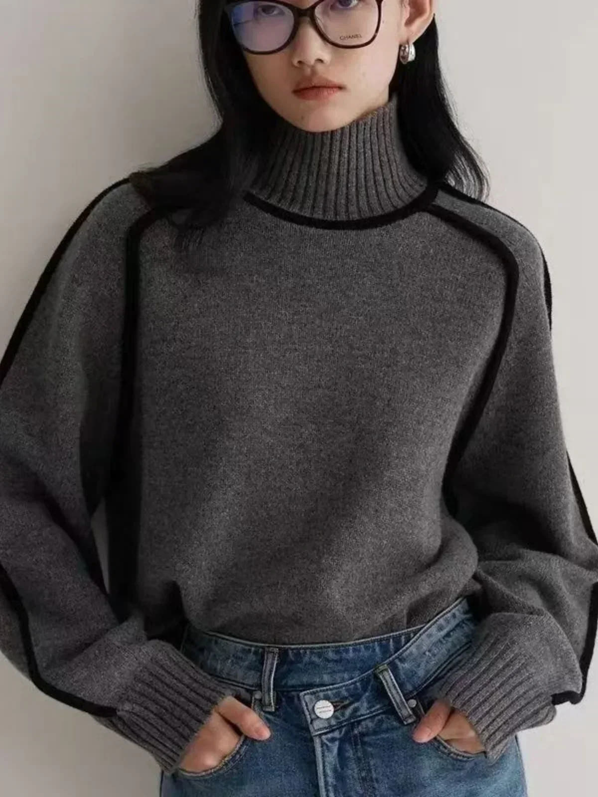 Elodie Contrast-Trim Turtleneck Sweater