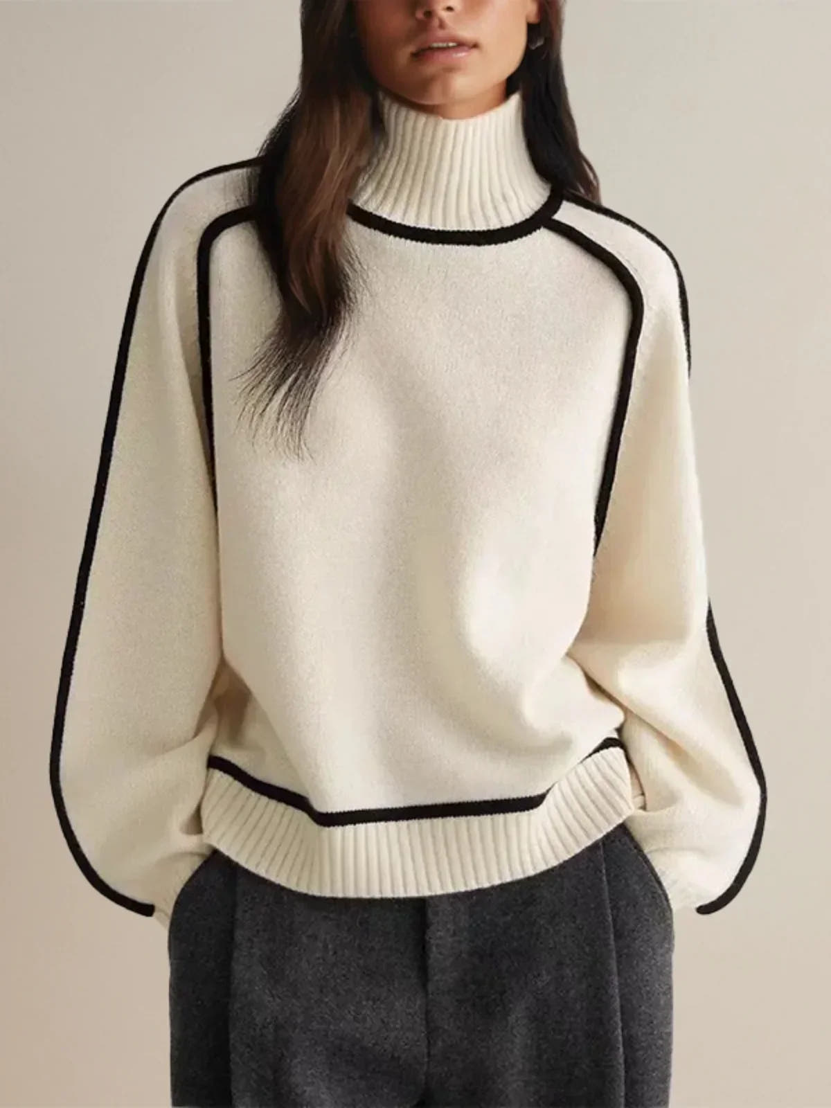 Elodie Contrast-Trim Turtleneck Sweater