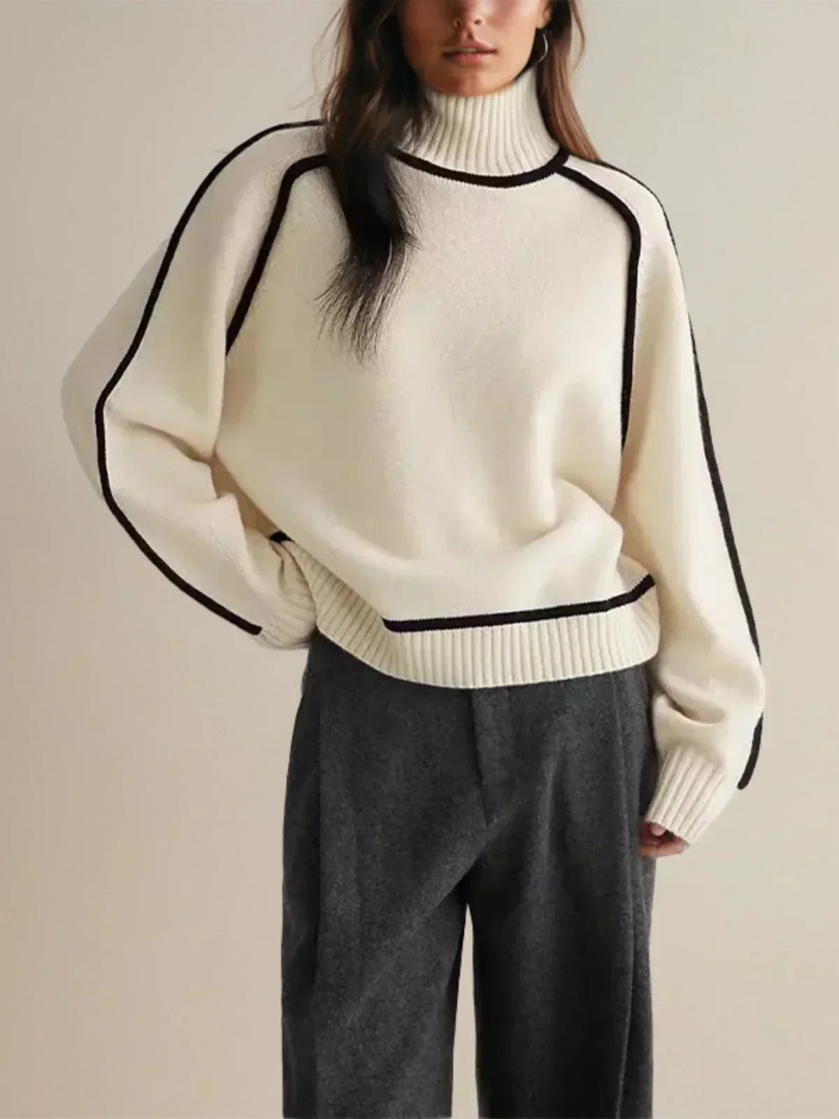 Elodie Contrast-Trim Turtleneck Sweater