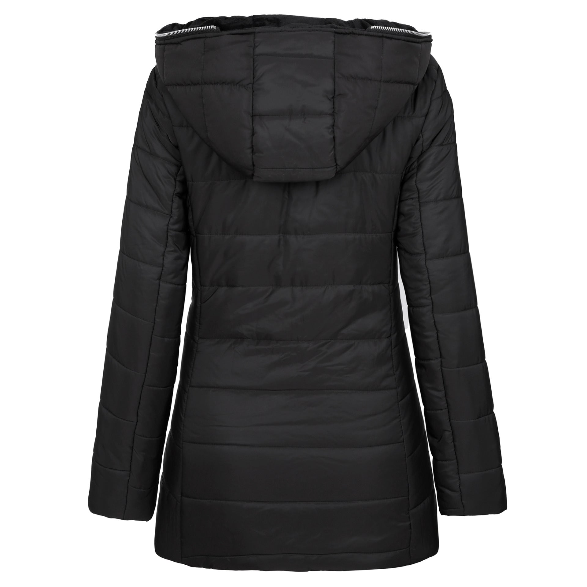 Black quilted jacket with a hood on a white background