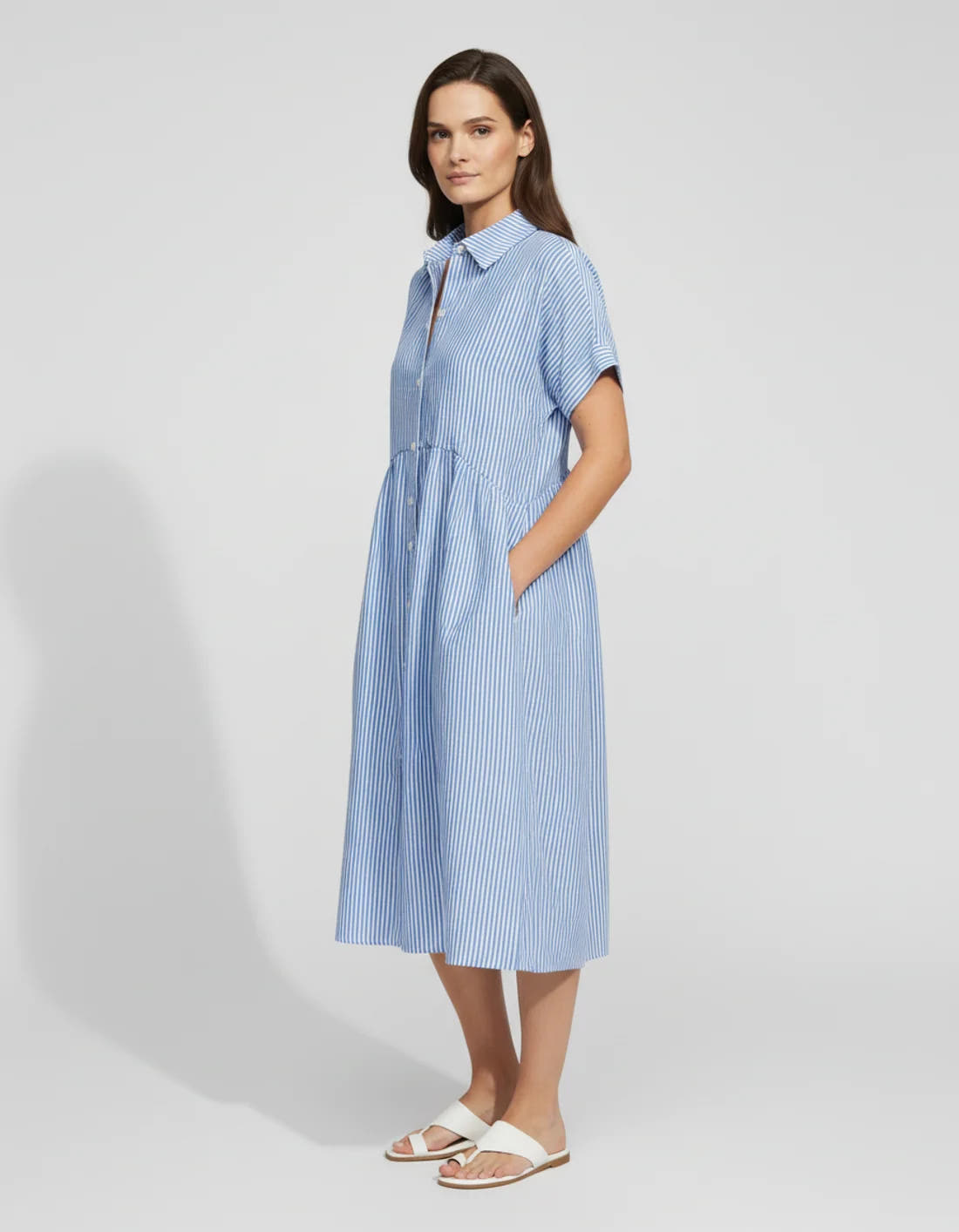 Women’s Coastal Striped Midi Dress with Button Front
