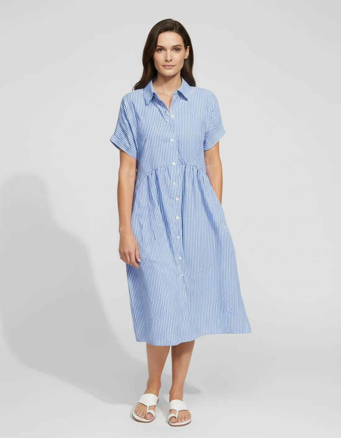 Women’s Coastal Striped Midi Dress with Button Front