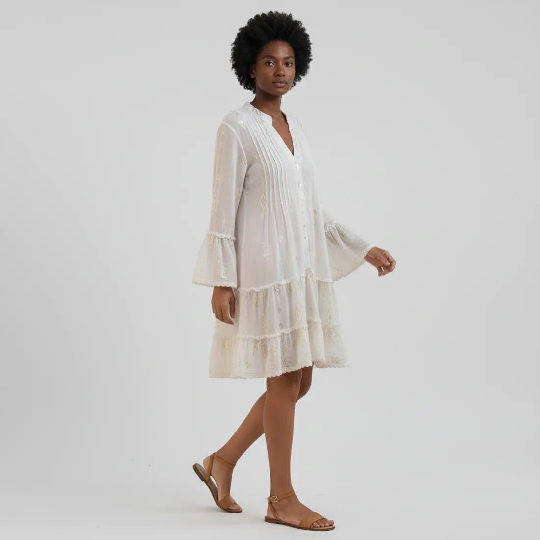Women’s Boho Midi Dress with Floral Embroidery and Flowy Silhouette