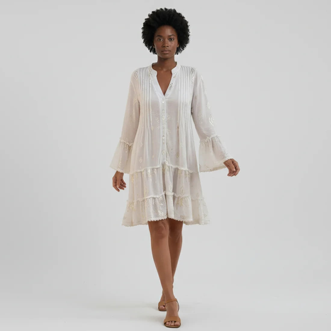 Women’s Boho Midi Dress with Floral Embroidery and Flowy Silhouette