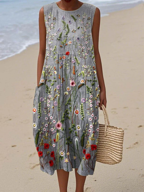 Esther Embroidered Wildflower Print Midi Dress