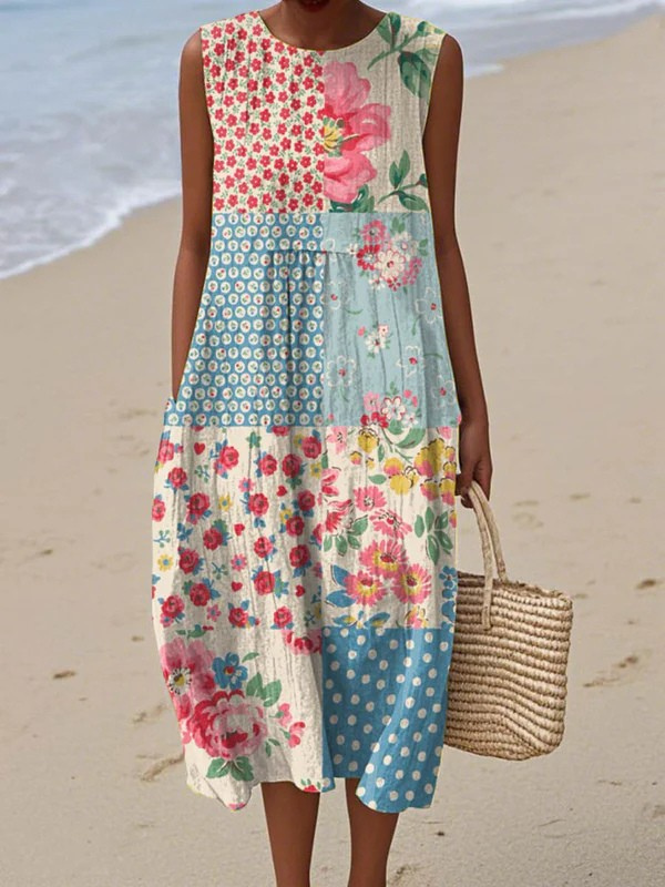 Sophia Patchwork Design Floral Charm Midi Dress