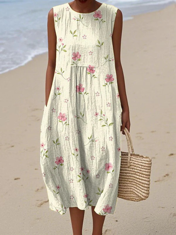 Blake Cream Shade Pink Blossoms Midi Dress