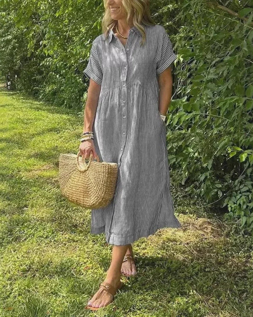 Women’s Coastal Striped Midi Dress with Button Front