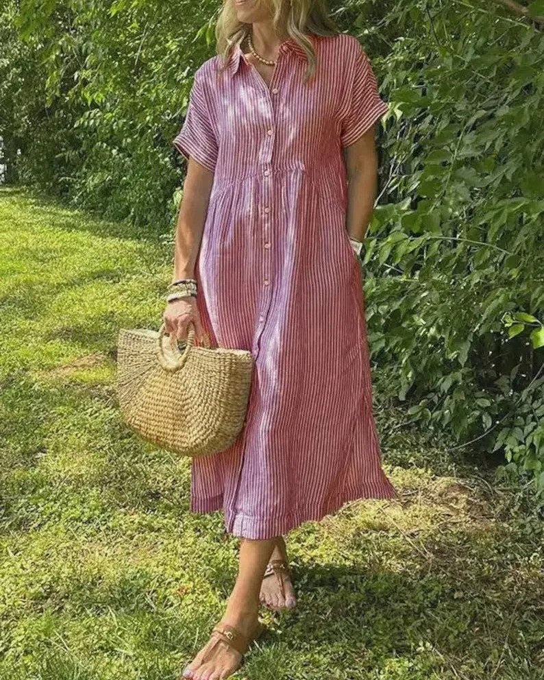 Women’s Coastal Striped Midi Dress with Button Front