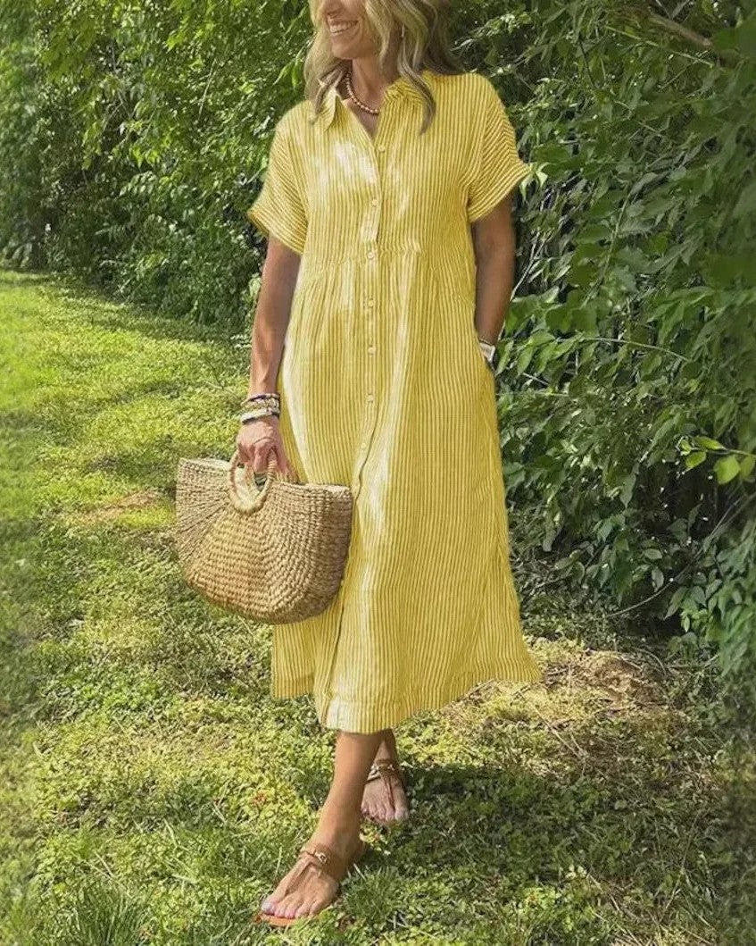 Women’s Coastal Striped Midi Dress with Button Front