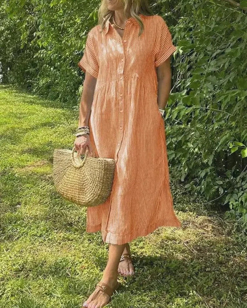 Women’s Coastal Striped Midi Dress with Button Front