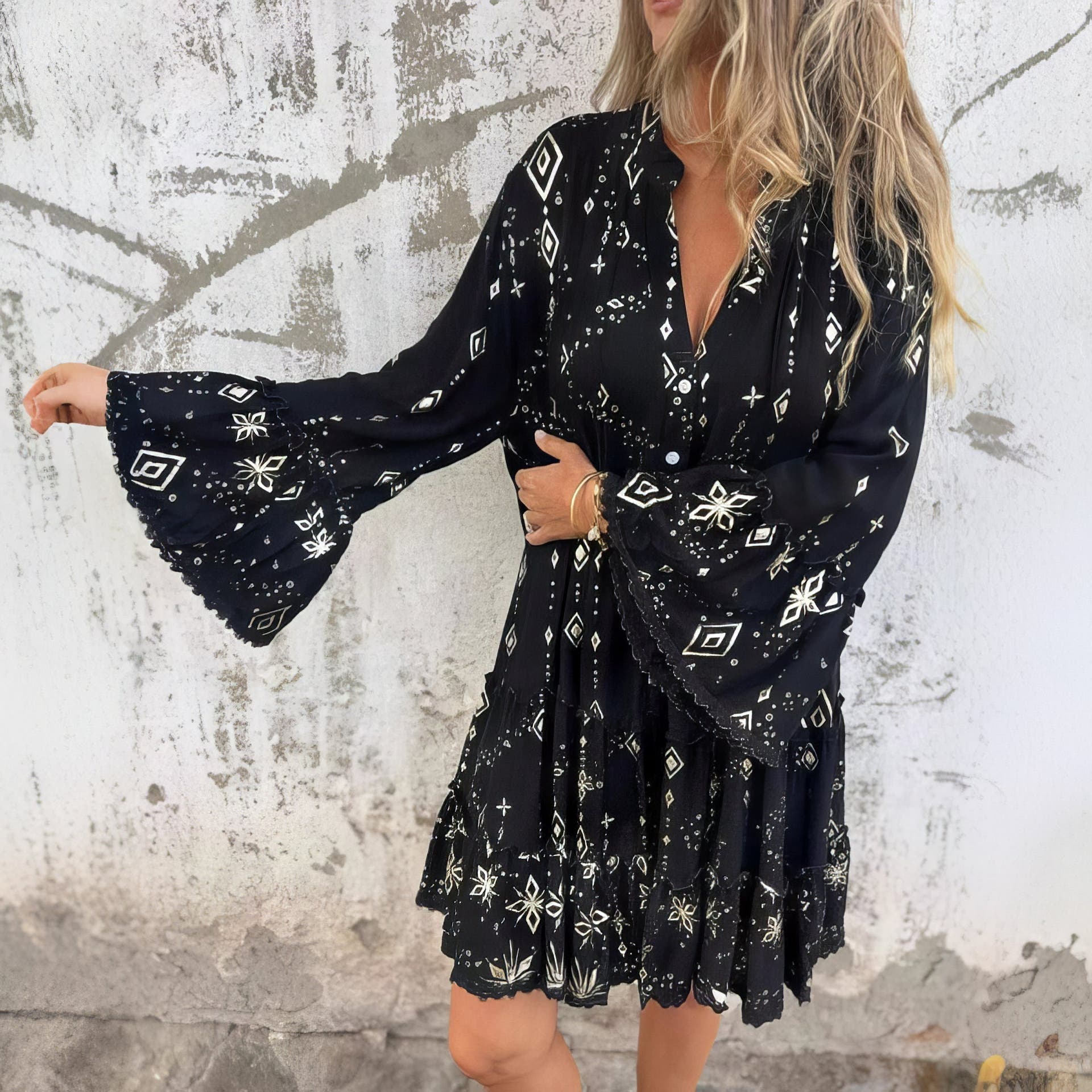 Women’s Boho Midi Dress with Floral Embroidery and Flowy Silhouette
