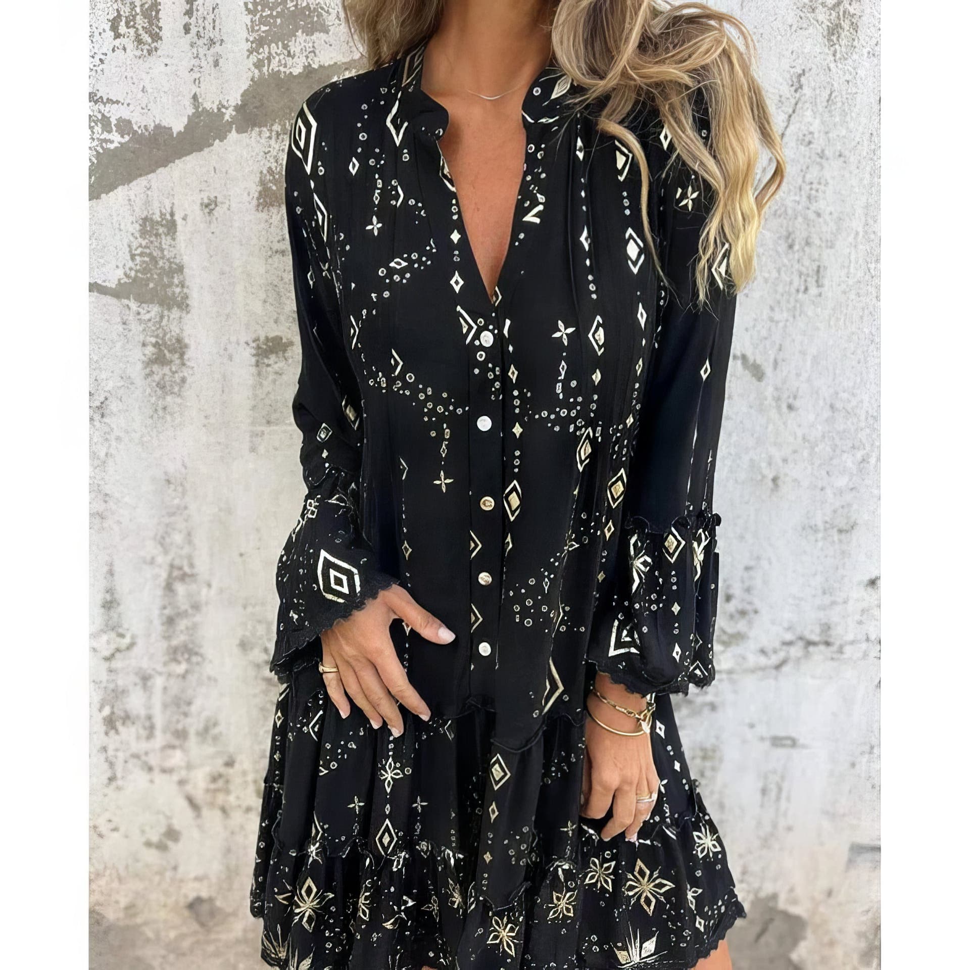 Women’s Boho Midi Dress with Floral Embroidery and Flowy Silhouette