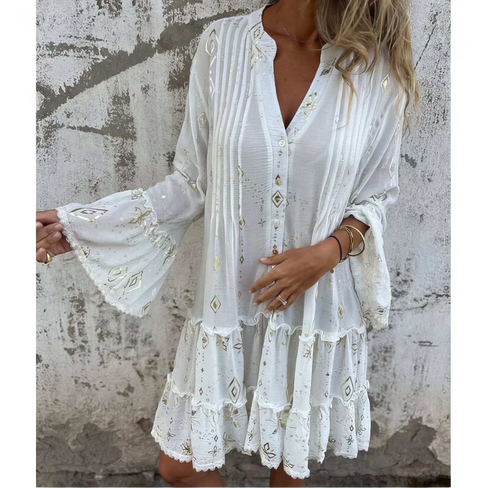 Women’s Boho Midi Dress with Floral Embroidery and Flowy Silhouette